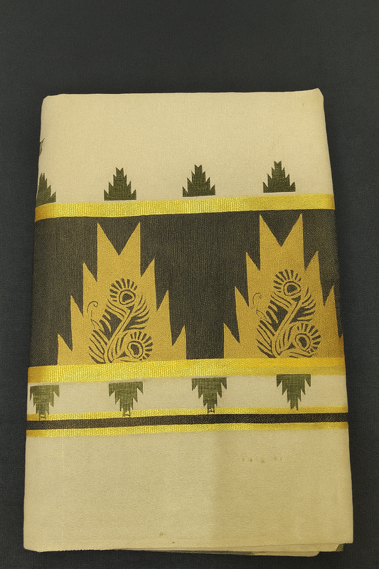 SO6 Golden Border Kerala Temple Motif Tissue Cotton Saree WITH FREE ORNAMENTS