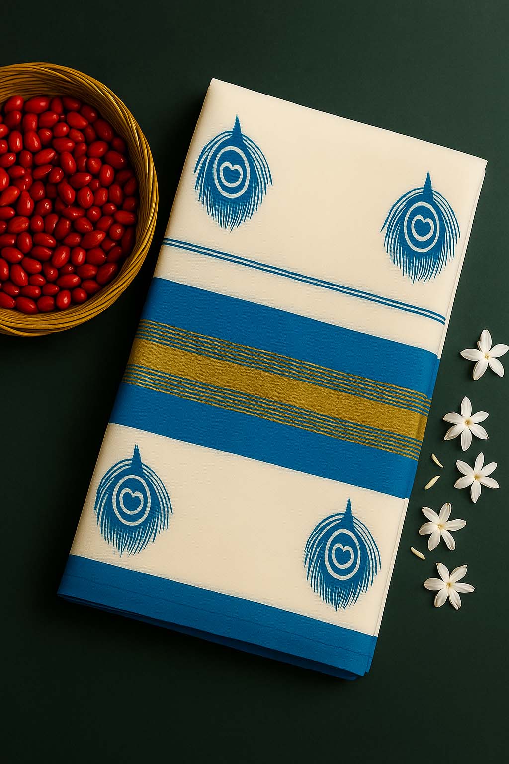 SO3 Blue Peacock Feather Kerala Set Saree WITH FREE ORNAMENTS
