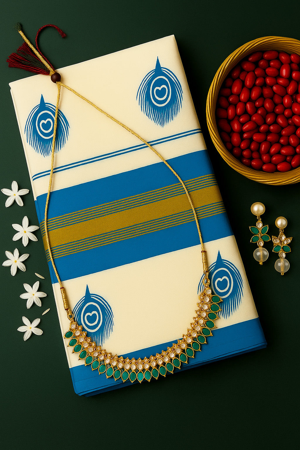 SO3 Blue Peacock Feather Kerala Set Saree WITH FREE ORNAMENTS
