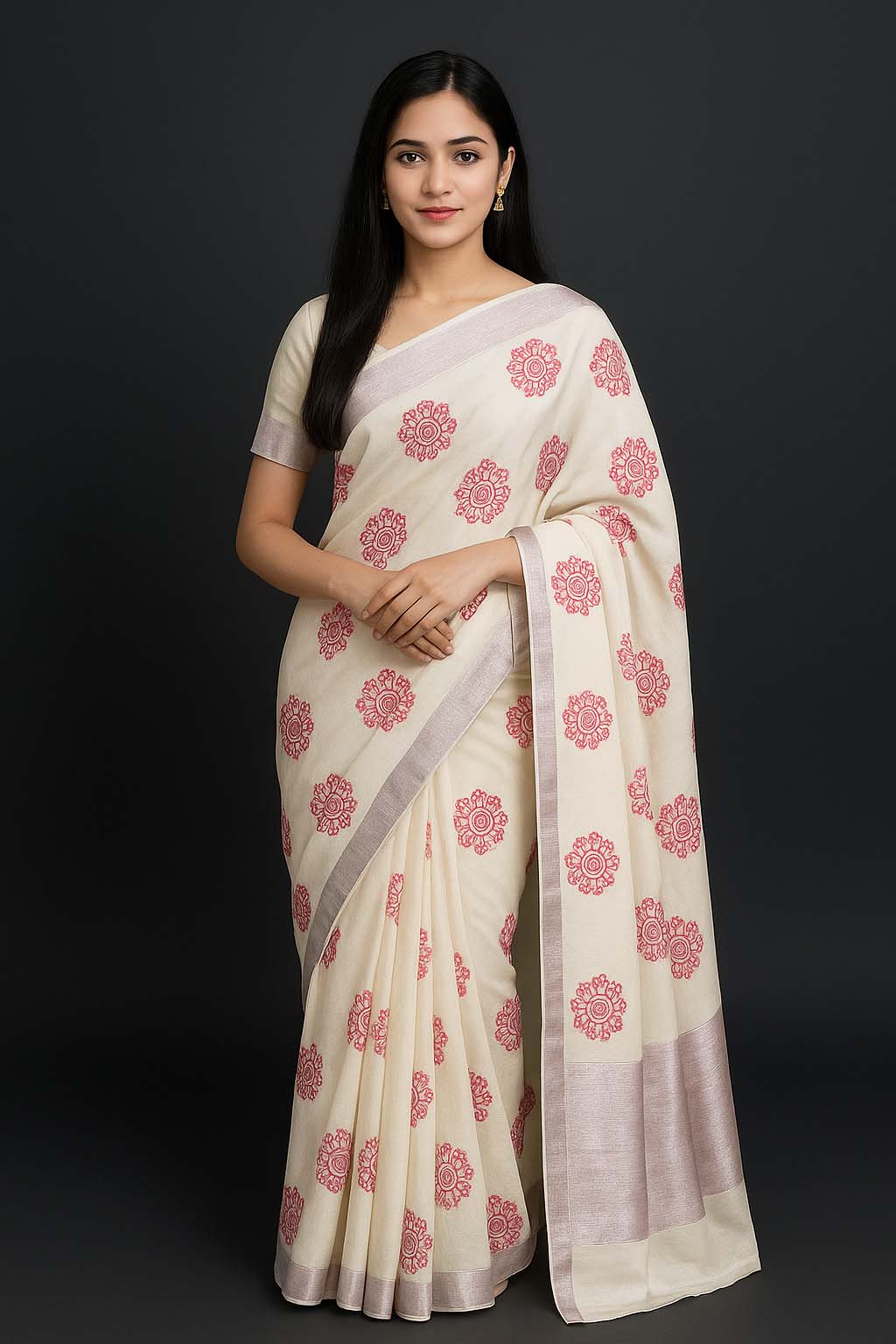 SO4 Pink Floral Kerala Set Saree With Rose Gold Border WITH FREE ORNAMENTS