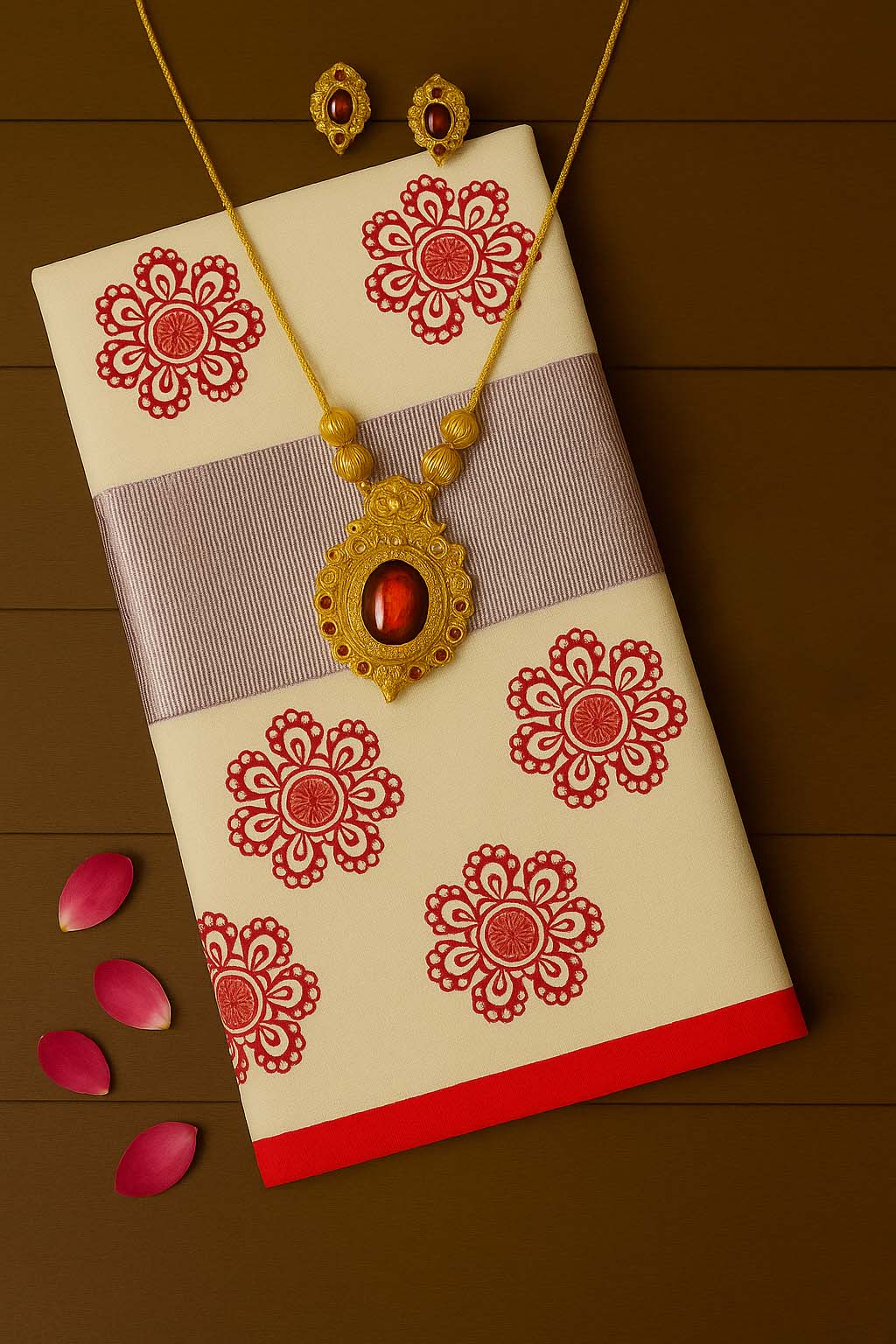 SO4 Pink Floral Kerala Set Saree With Rose Gold Border WITH FREE ORNAMENTS