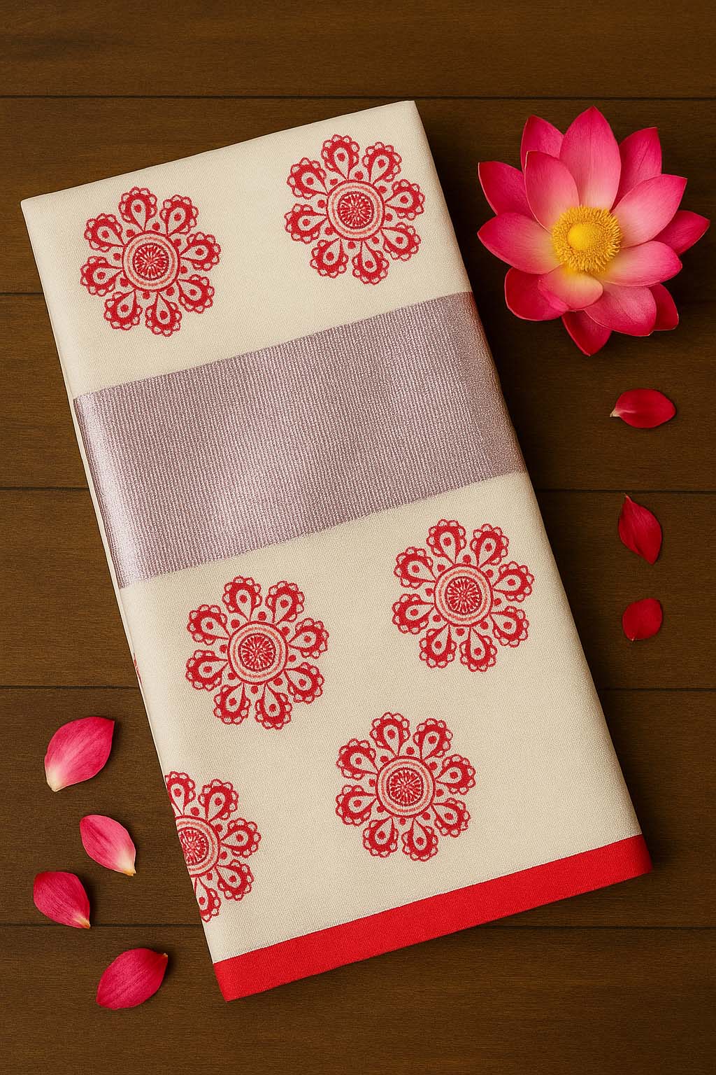 SO4 Pink Floral Kerala Set Saree With Rose Gold Border WITH FREE ORNAMENTS