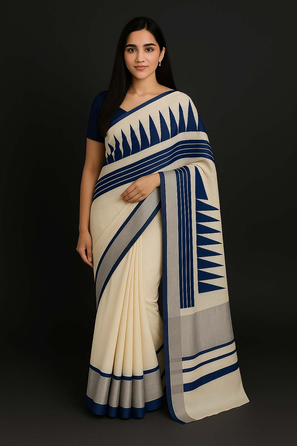 SO5 Silver Border Kerala Temple Design Set Saree WITH FREE ORNAMENTS